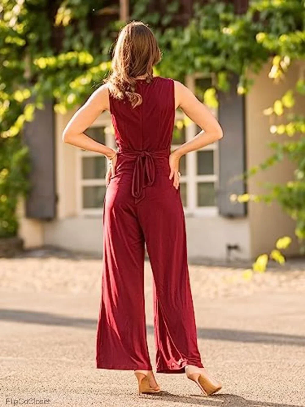 Sleeveless V Neck Wide Leg Jumpsuit with Belt